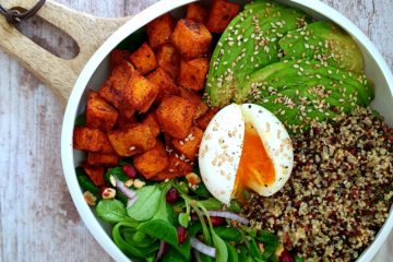 photo culinaire d'un bowl avec des dés de patates douces, de l'avocat et un oeuf mollet avec le jaune coulant
