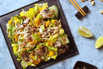 photo culinaire d'une salade de poulet mariné au gingembre et huile de sésame avec du citron vert servi avec de la vaisselle asiatique