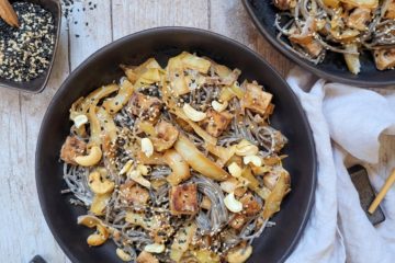 photo culinaire de nouilles au tofu avec une sauce noix de cajou et sésame et de noix de cajou et des graines de sésame
