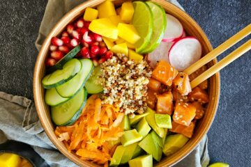photo culinaire d'un poke bowl au quinoa et saumon avec du saumon mariné, de l'avocat, de la grenade, de la mangue, du concombre et des carottes râpées