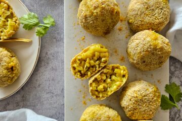 photo culinaire d'arancinis d'orge aux poireaux et curry, lait de coco avec une chapelure à IG bas