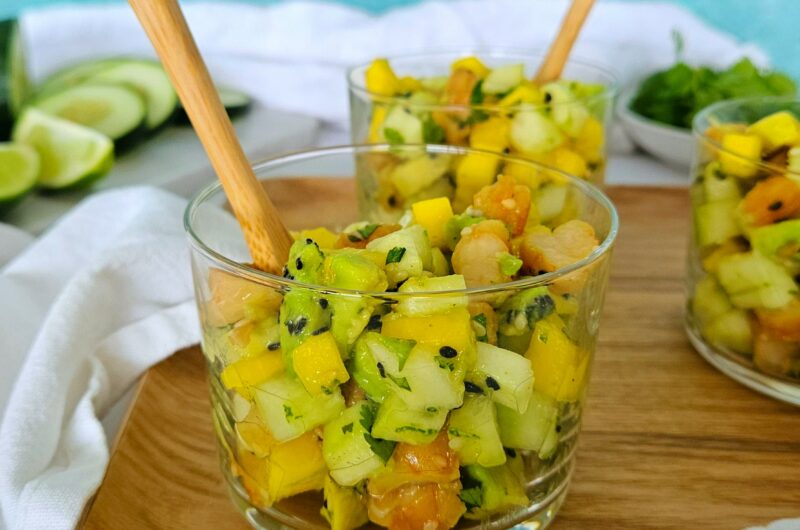 TARTARE DE CREVETTES, AVOCAT, MANGUE ET CONCOMBRE