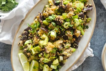 photo culinaire d'une salade d'aubergines à l'asiatique avec du concombre, des fèves, des cacahuètes et de la coriandre