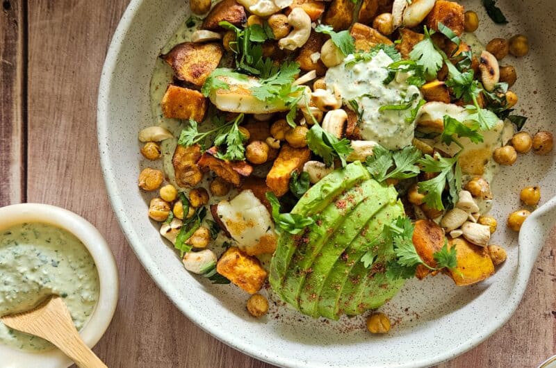 PATATES DOUCES ET POIS CHICHES RÔTIS, CRÈME DE PESTO